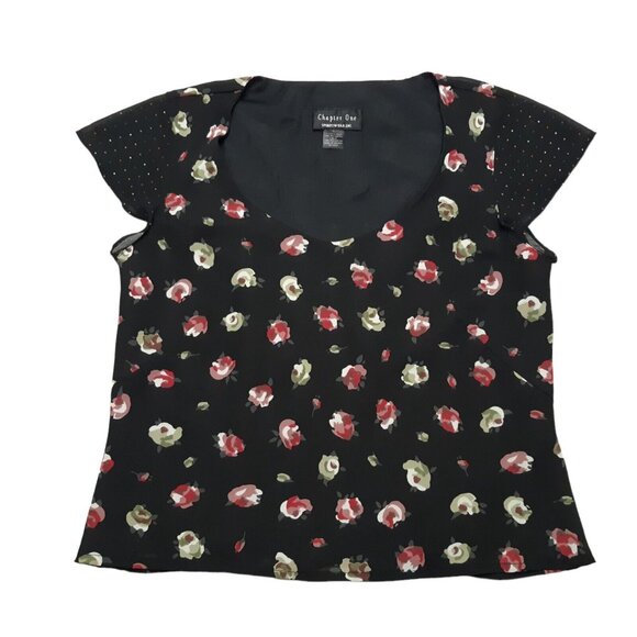 Chapter One Top Womens Large Black Floral Short Sleeve Lined 38 in Chest - Picture 1 of 13